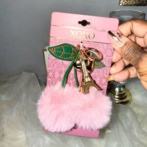 XOXO Pink Fluffy Pom Pom Keychain with Eiffel Tower Charm